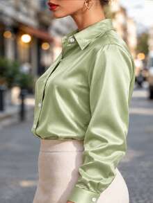 Plus Size Women's Fashion New Arrival Casual Satin Button-Up Shirt Spring - Champagne - View 3