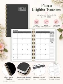 1pc 2027-2028 Academic Planner, Brown Weekly & Monthly Spiral Calendar Notebook With Gold Coil, Spacious Planning Pages & Notes Section For Students, School, College, Office & Daily Schedule - Black - View 7