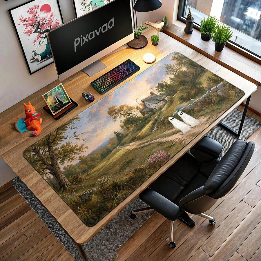 Whimsical Cottage Ghosts Extended Mouse Pad, Autumn Countryside Farmhouse Landscape Large Desk Mat With Non-Slip Base, Smooth Cloth & Natural Rubber For Office Gaming Home Study Workspace, 3 Sizes Available - View 1