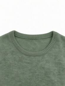 Women's Soft Wool Blend Knit Short Sleeve Top, Loose Fit, 15% Wool Content, Basic Round Neck Solid Color Half Sleeve Lightweight Knit Sweater, Quiet Luxury Minimalist Commuter Style, Suitable For Office And Business Wear - Olive Green - View 8