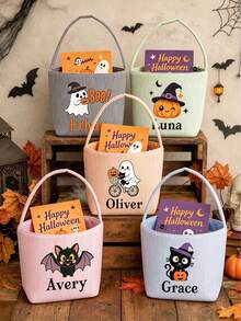 Customized Embroidered Name Halloween Trick Or Treat Bag, Cute Ghost & Pumpkin Pattern Halloween Party Candy Basket Gift - Multicolor - View 7