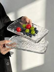 1pc Rectangular Transparent Glass Plate, All-Over Asymmetrical Ice Hammer Texture, Clear And Textured. Can Hold Fruit, Desserts, Snacks, Suitable For Afternoon Tea Display, Also Can Be Used As Storage Tray, Ins Minimalist Home Style - Transparent - View 3