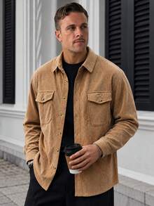 GloMan Old Money Style Men's Camel Brown Button Textured Long Sleeve Shirt, Warm For Autumn, Suitable For Office Commute, Family Gathering, Business Casual, Gift For Husband/Father - Camel - View 1