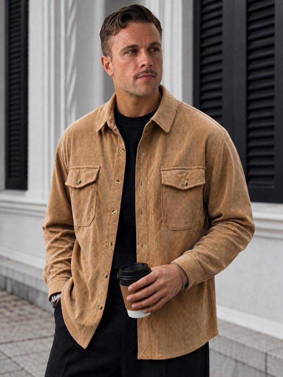 GloMan Old Money Style Men's Camel Brown Button Textured Long Sleeve Shirt, Warm For Autumn, Suitable For Office Commute, Family Gathering, Business Casual, Gift For Husband/Father - Camel - View 1