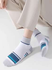 5 Pairs Men's Contrast Color Striped Mid-Calf Socks, Spring/Autumn Breathable Sweat-Absorbing Sports Socks, High Elasticity Wear-Resistant Versatile Men's Socks Set - Multicolor - View 2