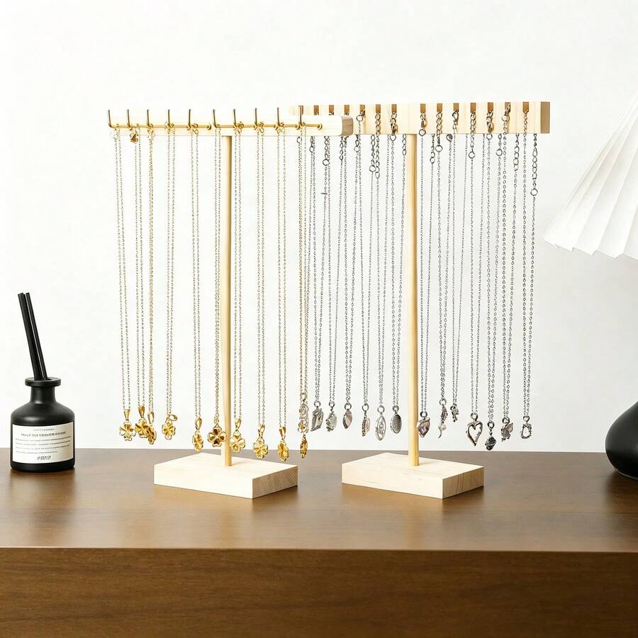 1pc Solid Wood Color T-Shaped Necklace Display Stand, Jewelry Storage Rack For Necklaces, Bracelets, Hair Ties, Hair Bands, Bangles, Desktop Display Prop, Best Gift For Girlfriend, Mom, Sister On Holidays, Birthdays, Anniversaries And Daily Occasions - Apricot - View 1