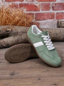 Women's Retro Training Shoes, Colorblock Suede-Like Casual Sneakers, Lightweight Soft Sole Lace-Up Flat Shoes, Breathable Versatile Daily Wear For Spring And Autumn - Green - View 9