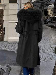 Risissida Women's Autumn/Winter Detachable Fur Collar Padded Coat, Zipper/Button Closure, With Pockets - Black - View 2