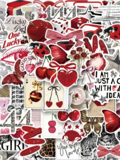100Pcs Silver Red Lucky Y2K Aesthetic Stickers Red Cherry Theme Y2K Downtown Gifts Groovy Stickers 80s 90s Graffiti Stickers Waterproof Durable Stickers Suitable For Laptop Phone Car Skateboard Water Bottle Planner Diary School Supplies