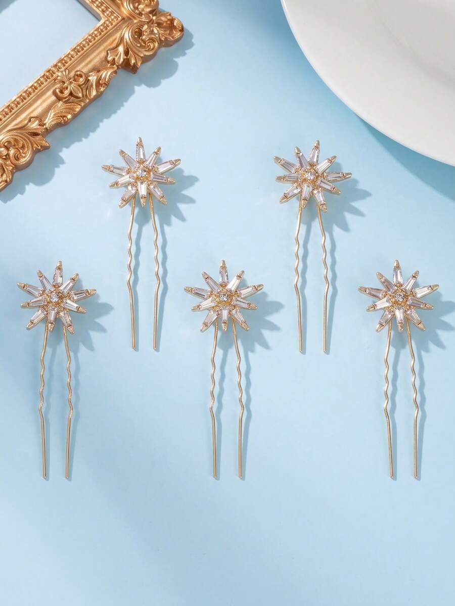 5pcs Women Elegant Rhinestone Starburst U Shaped Hair Pins Bridal Wedding Hair Accessories Prom Party Hairpiece