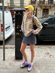 Sookaug Women's Dopamine Color Block Purple & Yellow Striped Pullover Sweater, Early Autumn Sweet Round Neck Long Sleeve Loose Knit Top, Striped Knit Pullover, Regular Fit Ribbed Knit Top, Medium Stretch Comfortable Outfit For Autumn/Winter - Multicolor - View 7
