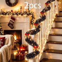 1/2pcs Pine Branch Christmas Wreath String Lights With Dark Snow Tips And Bows, Suitable For Christmas Tree, Stairs, Fireplace, Garden, Christmas Decoration (Batteries Not Included) - Warm Light - View 15