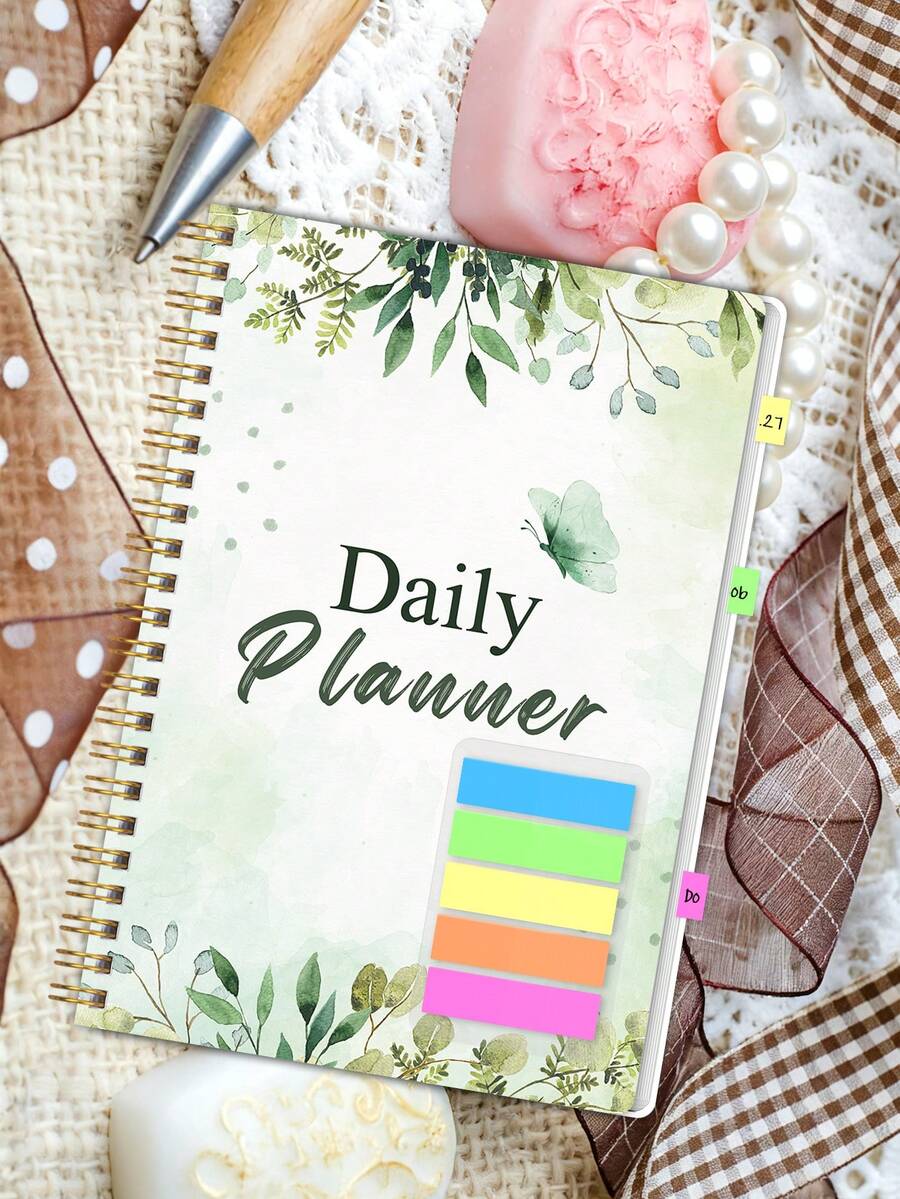 1pc Floral Spiral Notebook/Daily Planner, 108 Lined Pages, 5 Color Tabs, Date & Weather Record, 100GSM Paper For Journaling, Study & Work, Office Desk Accessories, Christmas Gifts, Bible Study Materials - Rectangle - View 1