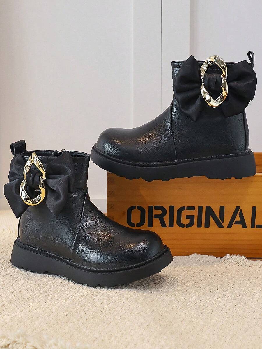Girls' Ankle Boots, Bow + Metal Chain Decor, Side Zipper, Thick Sole Anti-Slip, Autumn/Winter Princess Boots - Black - View 1