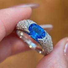 Light Luxury Fashion Floating Inlaid Oval Blue Zirconia White Gold Plated Starry Sky Chalice Open Ring For Women - Blue - View 1