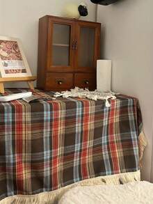 1pc Coffee Red Plaid Lace Trim Tablecloth, Classic Nordic Style Christmas Tablecloth For Christmas Eve Party Dining Table, Coffee Table And Desktop Decoration - Coffee Red + Lace - View 5