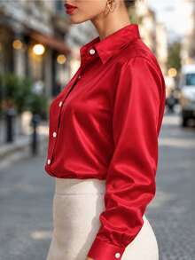 Fashion Plus Size Women's New Arrival All Season Casual Satin Button-Up Shirt Red - Red - View 3