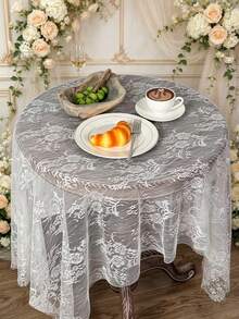 1pc French Romantic Floral Vine Hollow Out Soft Light Atmosphere Tablecloth, Desktop Decoration Suitable For Wedding Party, Restaurant Interior Soft Decor - White - View 2