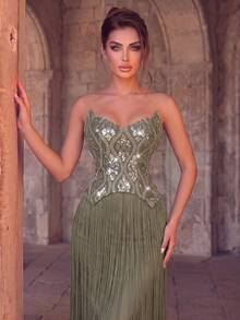 Elegant Romantic Women's Sleeveless Sequin Tassel Dress, Long Strapless Dress, Contrast Sequin Design, Tie Back, Suitable For Special Occasions - Olive Green - View 3