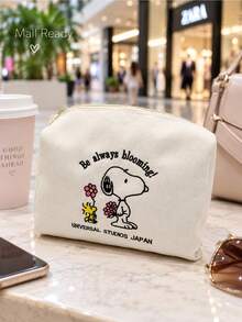 Miniso Cute Snoopy Peanuts Canvas Zipper Pouch, Cartoon Print Makeup Organizer Bag, Small Storage Case For Cosmetics Keys, Ideal Gift For Christmas & Party, Travel Daily Carry - White - View 1