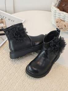 Girls' Ankle Boots, Mesh Flower Decoration, Side Zipper, Thick Sole Anti-Slip, Autumn/Winter Princess Boots - Black - View 2
