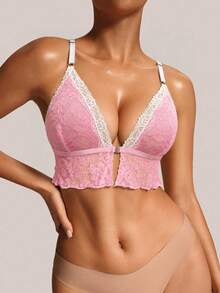 Women's Fashion Sweet Pink Lace Deep V Front Split Triangle Cup Adjustable Spaghetti Strap Backless Bra - Pink - View 4
