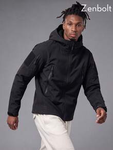 ZenBolt Winter Men's Solid-Color Fleece-Lined Hooded Utility Jacket – Structured Fit, Full-Zip Multi-Pocket, Sleeve Patch Warm Outerwear - Black - View 3