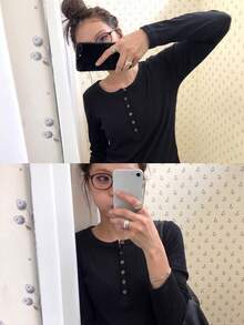 Women's Button Half Placket Versatile Long Sleeve T-Shirt For Vacation & Travel - Black - View 6