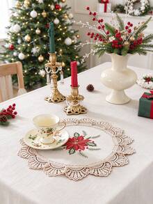 ABEST6522 Home&Living store 1pc Christmas Candle And Poinsettia Embroidered Table Runner, Hollow Carved Design, Vintage Christmas Table Decor, Suitable For Dinner Party, Family Gathering, Home Holiday Decoration - Multicolor - View 14