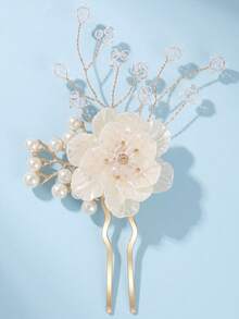 1Pc Elegant Flower Faux Pearl U Shaped Hair Fork, Bridal Hair Pin Wedding Party Hair Accessory For Women - Multicolor - View 14