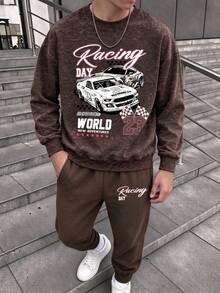 American Street Casual Boys' Racing Graphic Print Sweatshirt And Sweatpants 2-Piece Set, Suitable For Spring/Autumn, School, Shopping, Sports And Other Occasions - Brown - View 1