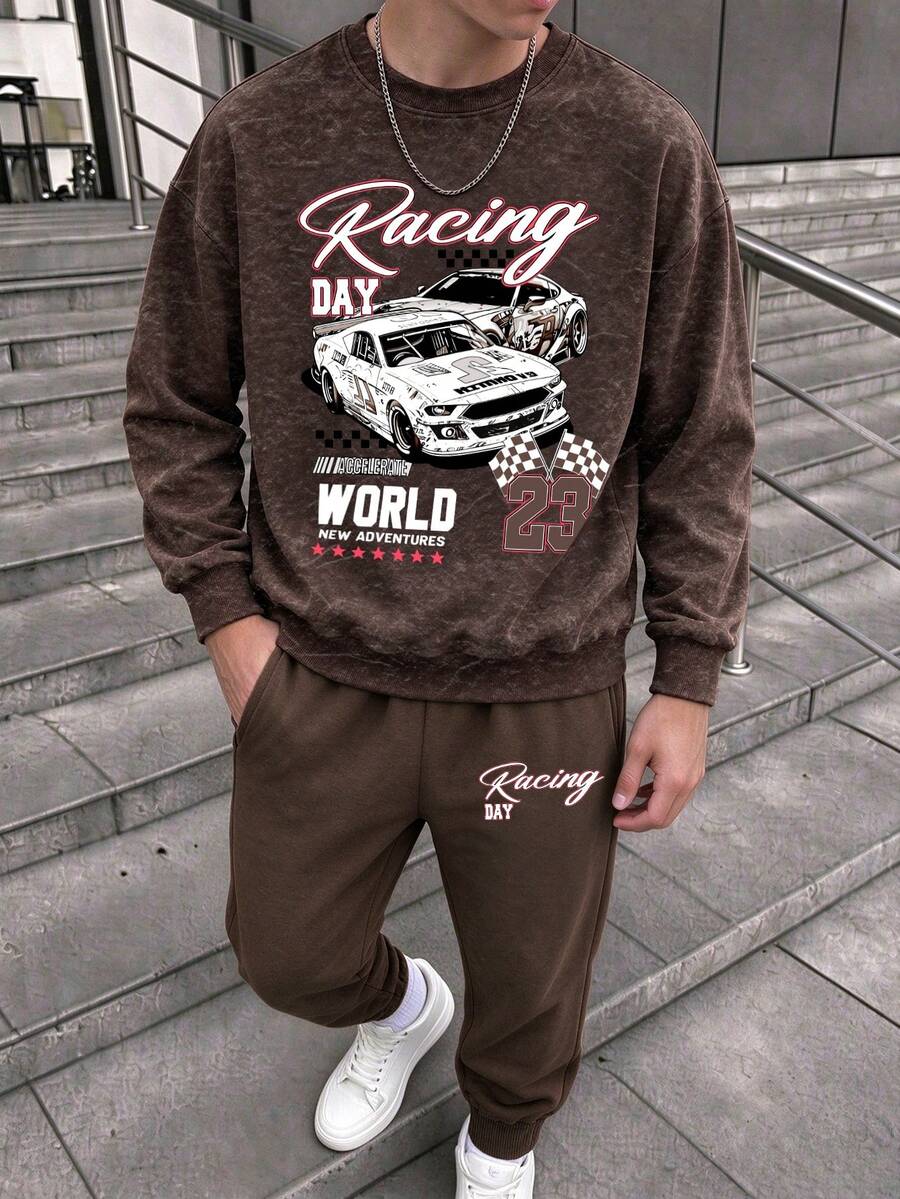 American Street Casual Boys' Racing Graphic Print Sweatshirt And Sweatpants 2-Piece Set, Suitable For Spring/Autumn, School, Shopping, Sports And Other Occasions - Brown - View 1