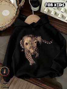 Tween Girl Leopard Animal Graphic Hooded Sweatshirt, Casual Long Sleeve Pullover Hoodie - Black - View 1