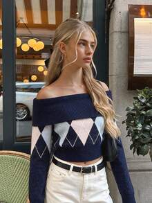 Women's Argyle Navyblue Ribbed Knit Off Shoulder Long Sleeve Pullover Sweater Fall Winter Top,Fall Outfit For Women - Multicolor - View 4