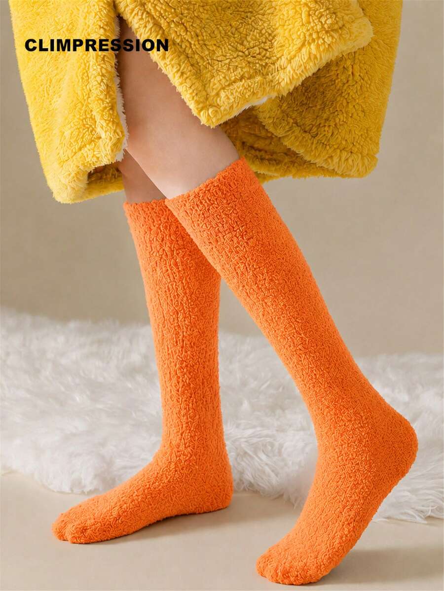CLIMPRESSION Christmas Mid-Calf Socks, Plush Coral Fleece Warm Slippers Socks With Pom Poms, Holiday Role Play Indoor Floor Socks - Orange - View 1