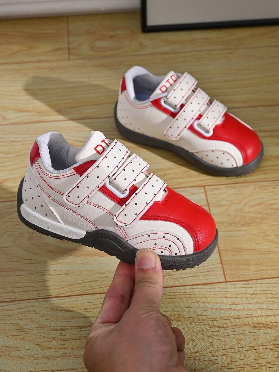 Girls' Colorblock Hook & Loop Casual Sneakers, Red & White Contrast Breathable Perforated Non-Slip Versatile Sports Walking Shoes - Red - View 1
