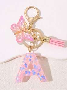 Women's Fashion Initial Keychain With Cute Butterfly Tassel Sequin Resin Letter Key Ring Pendant, Backpack Wallet Handbag Car Key Chain Charm, Valentine's Day Gift For Girlfriend - Pink - View 9