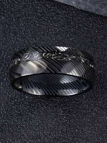 1pc 8mm Damascus Meteorite Crushed Golden Leaf For Man Wedding Black Hammered Band Cosmos Anniversary Engagement Promise Inlay Ring For Him Gift - Black - View 12