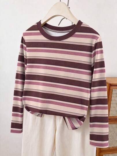 1pc Girls' American Vintage Slouchy Wide Striped Long Sleeve T-Shirt, Y2K Street Casual Loose Top, Spring Autumn Outerwear, Color Block Round Neck, Ins Style Popular Campus Daily Versatile Top, Highly Attractive Comfortable Skin-Friendly Influencer Same Style Tween Girl Clothing