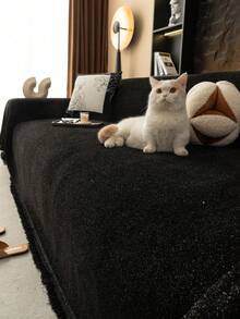 1pc Luxury Beige/Caramel Brown/Black Glitter Chenille Sofa Cover With Tassel Fringe, Shimmer Neutral Tone Couch Throw Blanket, All-Season Pet-Friendly Machine Washable Furniture Protector For Living Room Home Decor - Black - View 6