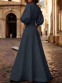 Solid Color Print Belt Decor V-Neck Puff Sleeve A-Line Maxi Dress Summer Elegant - Navy Blue - View 6