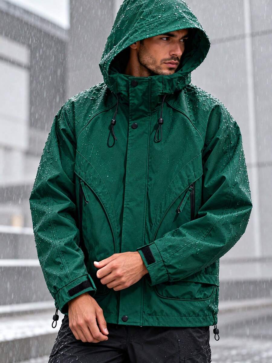 1pc Phantom Green Hooded Techwear Jacket, Men's Loose Fit Lightweight Woven Fabric, Multiple Zipper Pockets, Drawstring Hood, Hook And Loop Cuffs, Adjustable Hem, Outdoor Casual Windproof Jacket, Suitable For Hiking, Camping, Commuting, Autumn Wear - Green - View 1