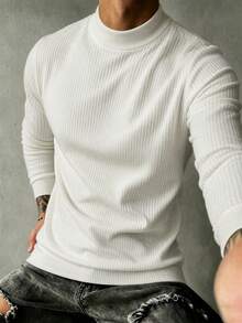 Men's Solid Color Casual Ribbed Turtleneck Long Sleeve Sweater, Autumn/Winter - White - View 3