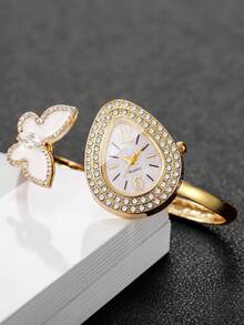 Women's Fashion Casual Water Drop Rhinestone Butterfly Bracelet Quartz Watch, Gift For Girlfriend (1pc/Set) Watch Box Not Included - Gold - View 7