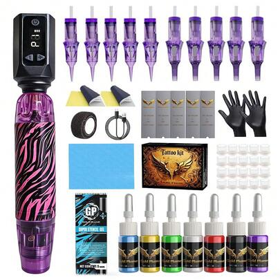 Gold Plume Tattoo Pen Kit Complete,Built-In 1100mAh Battery With Complete Tattoo Accessories, 10 Cartridge Needles 7 Multi Color Ink And Wireless Power Adapter Plug Practical Tattoo Kit For Body Art Party Gift.