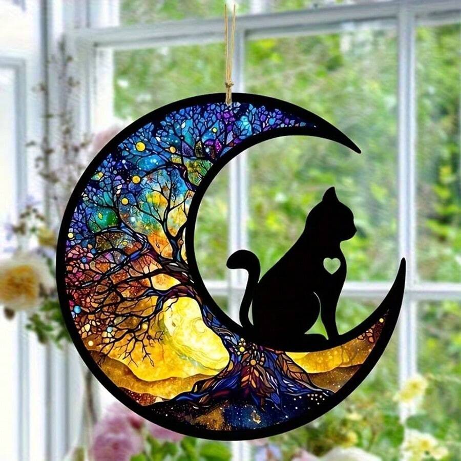 Acrylic New Moon Cat Hanging Ornament, Flat Car Rearview Mirror Pendant, Keychain Charm - Acrylic Pendant - View 1