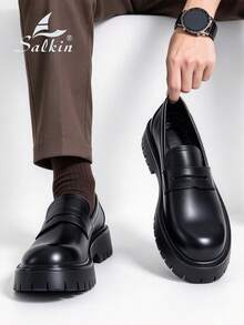 Salkin 新款男士设计师款一脚蹬乐福鞋，英伦风圆头复古平价真皮鞋，柔软舒适，优雅正式牛津鞋，哑光黑色防滑厚底，休闲情侣鞋，适合约会、派对、婚礼、春夏秋季穿着，尺码偏小，建议选购大一码。 - 霧面黑 - 查看 1