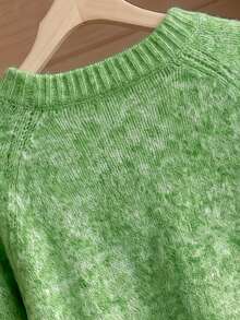 Women's Brushed Mohair Sweater - French Inspired Raglan Sleeve, Drop Shoulder Plush Knit For Fall Winter, Back To School, Halloween - Lime Green - View 6