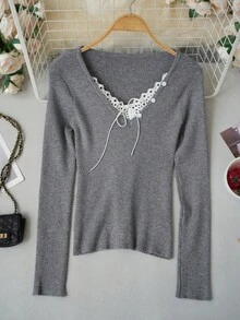 Autumn Casual Lace Patchwork Lace-Up Sweater - Grey - View 5