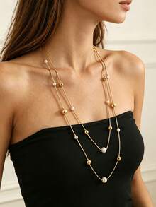 Multilayer Long Pearl Beaded Necklace, Minimalist Layered Statement Neck Jewelry For Women Daily Vacation Outfit - Necklace - View 10